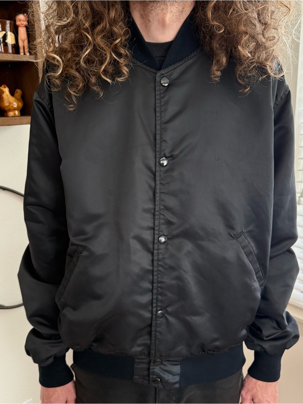 Vintage 70s 80s Black Blank Satin Quilt Lined NFL Bomber Jacket Starter ~Size XL
